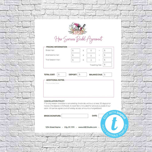 Hair Stylist Bridal or Event Agreement Contract Template