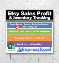 Load image into Gallery viewer, Etsy Sales Profit &amp; Inventory Tracking + Break Even Calculator | Excel Spreadsheet