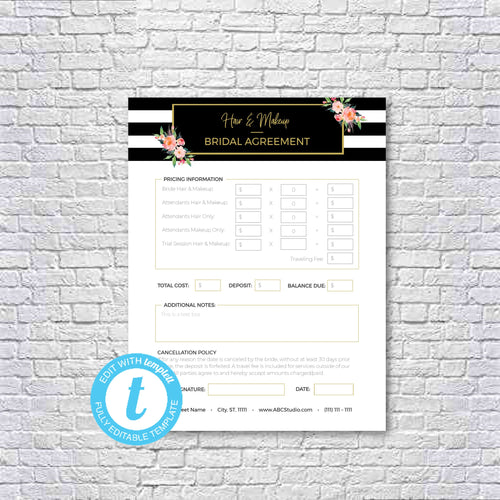 Hair Stylist & Makeup Artist Bridal or Event Agreement Contract Template