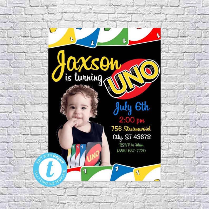 UNO Card Game 1st First Birthday Party Invitation